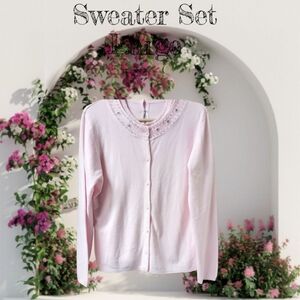 JACLYN SMITH Size Large Classic Beaded Two for one  Baby Pink Cardigan Set  NWOT